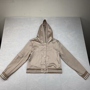 Elisabetta Zanardi Women's Satin Hooded Jacket Bomber Taupe Small